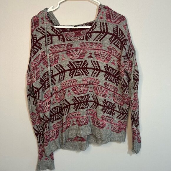 American Eagle Outfitters Aztec Gray Pink V-Neck Hooded Sweater Size Small - Picture 2 of 6